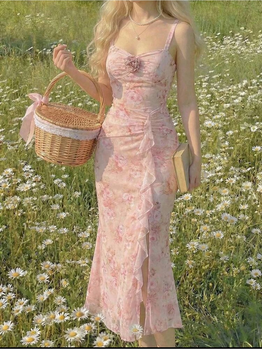 SHEIN Blush Pink Floral Ruffle Midi Dress